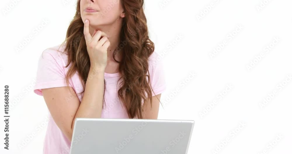 Smiling woman using laptop on white background Smiling woman using laptop on white background