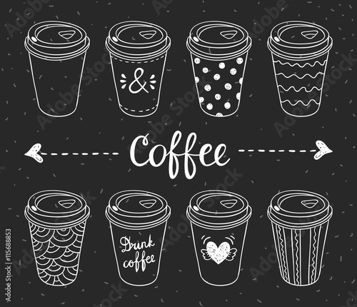Coffee to go hand drawn designs. Paper coffee cups for take away hot drinks