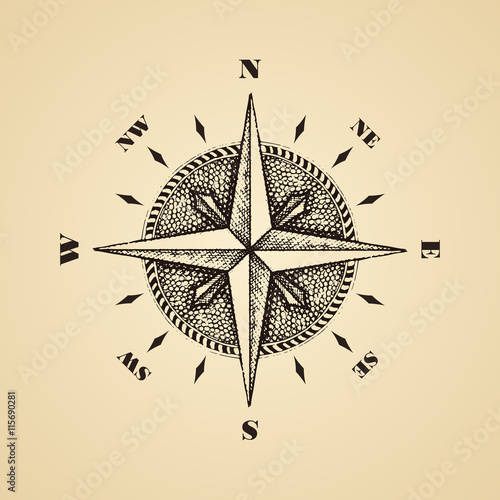 Hand drawn compass wind rose symbol