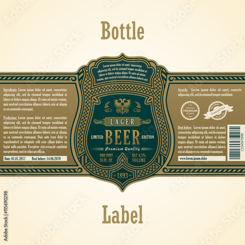 Vintage frame label. Gold sticker bottle beer