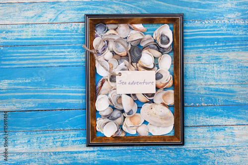 Sign Sea adventure and Sea shells in photo frame