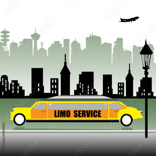Huge yellow limo parked near the sidewalk. Limo service concept