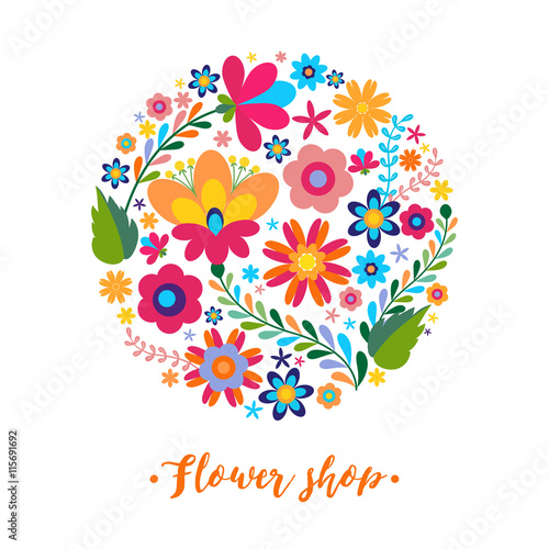 Floral pattern in a circle Mexican ethnic motive.