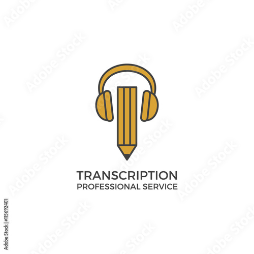 Transcription service logo. Vector illustration isolated on white. Bulky headphones and pencil. Modern clean simple flat design