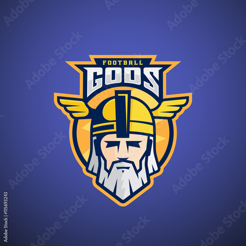 Football Gods Vector Sport Team or League Logo Template. Odin Face with Typography. Mighty Warrior Head in a Helmet Mascot.