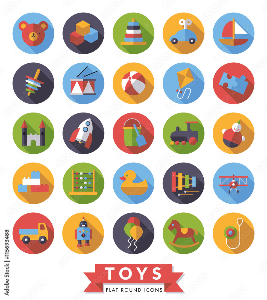 Toys flat design long shadow round icons vector set. Toys flat design long shadow round icons vector set.