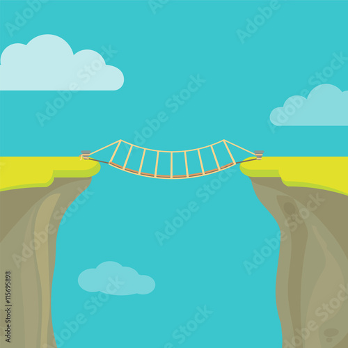Abyss, gap or cliff concept with bridge sky and clouds.