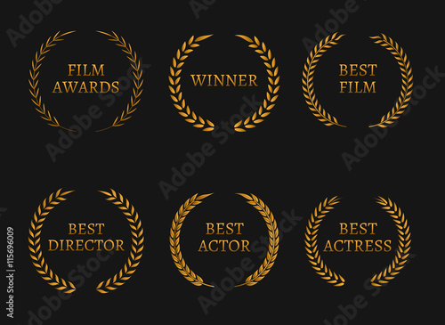 Film academy awards winners and best nominee gold wreaths on black background.