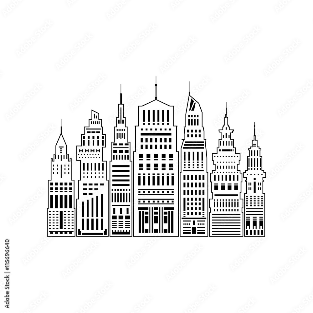 Modern Big City with Buildings and Skyscraper, Architecture Megapolis, City Financial Center Isolated on White Background ,Line Style Design, Black and White Vector Illustration
