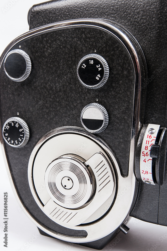 Fototapeta premium Close up view of vintage movie camera isolated on white