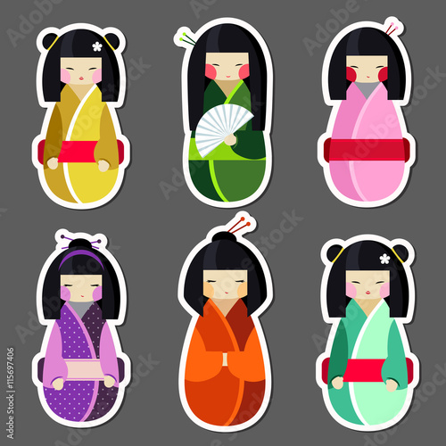 Vector set of kokeshi dolls in different traditional japanese clothes. Collection of beautiful and cute women, girls toys