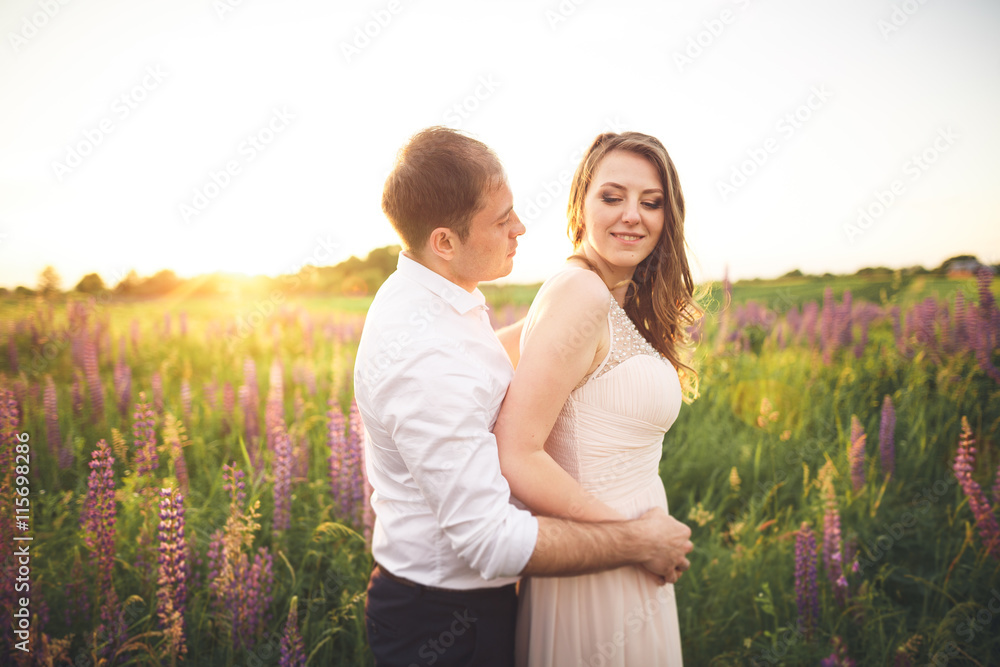 Emotional beautiful bride hugging newlywed groom from behind sunset at a field closeup Emotional beautiful bride hugging newlywed groom from behind sunset at a field closeup