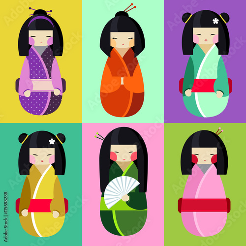 Vector set of kokeshi dolls in different traditional japanese clothes. Collection of beautiful and cute women, girls toys
