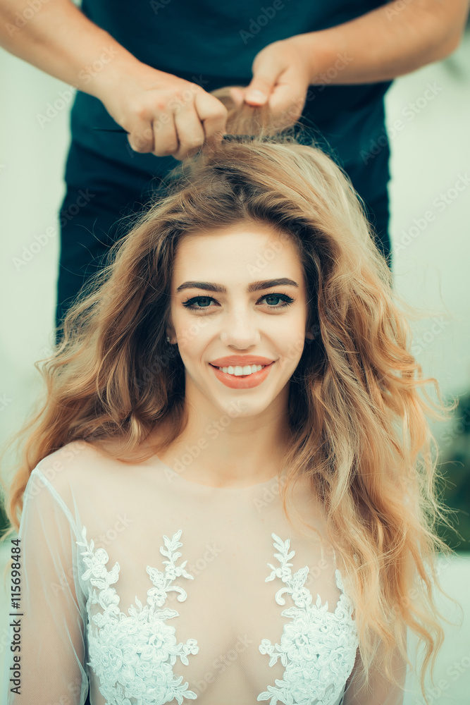 Fototapeta premium bride woman with hairdresser