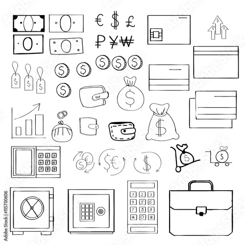 Simple set of money related vector icons for your design. Hand-drawn style.
