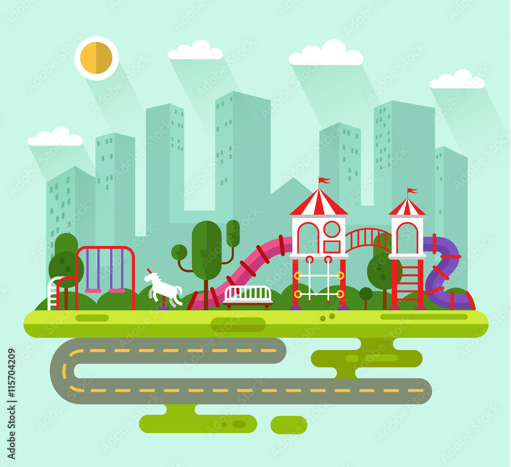 Flat design vector summer landscape illustration of city park with kids playground and equipment with swings, slides and tube, bench, road, skyscrapers, clouds, sun. Amusement park for children.