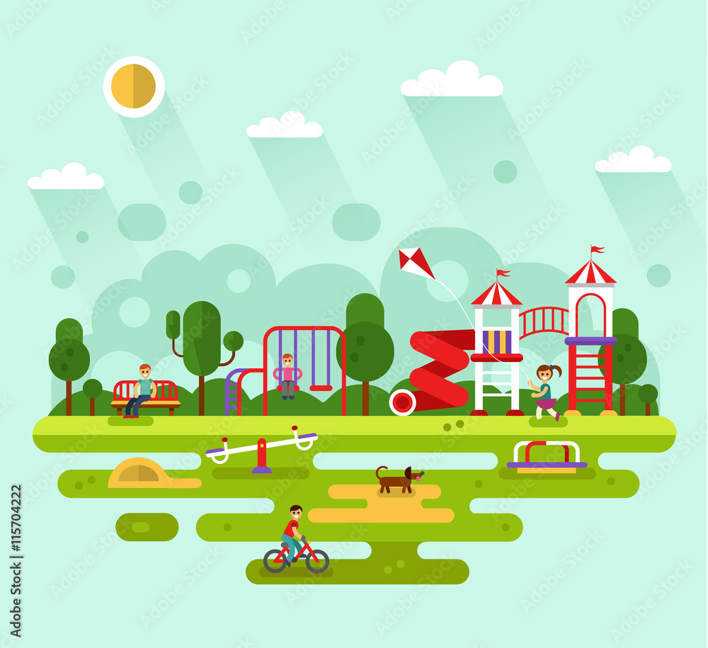 Flat design vector summer landscape illustration of park with kids playground and equipment with swings, slides and tube, carousel. Cyclist, dog, bench. Amusement park for children.