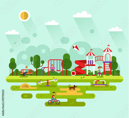 Fototapeta Naklejka Na Ścianę i Meble -  Flat design vector summer landscape illustration of park with kids playground and equipment with swings, slides and tube, carousel. Cyclist, dog, bench. Amusement park for children.