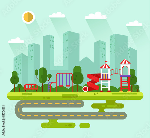 Flat design vector summer landscape illustration of city park with kids playground and equipment with swings, slides and tube, bench, road, skyscrapers, clouds, sun. Amusement park for children.