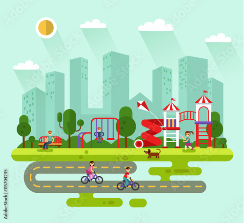 Flat design vector summer landscape illustration of city park with kids playground and equipment with swings, slides and tube. Cyclists, dog, bench, road, girl with kite. Amusement park for children.