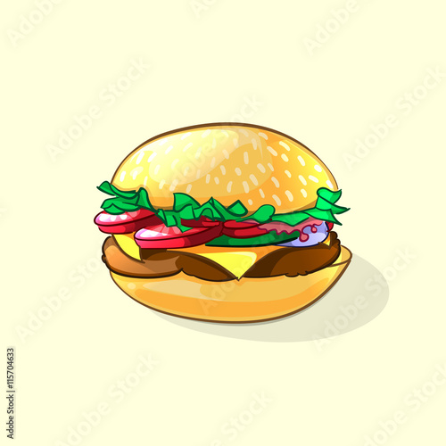 Tasty burger in cartoon style. Vector illustration