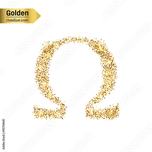 Gold glitter vector icon of omega isolated on background. Art creative concept illustration for web, glow light confetti, bright sequins, sparkle tinsel, abstract bling, shimmer dust, foil.