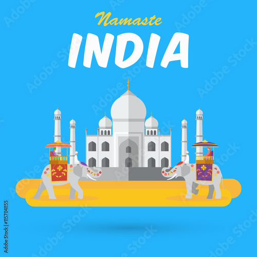 India landmarks and icons with word "Namaste" means a respectful greeting in Hindu custom