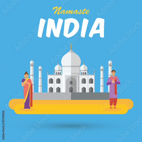 India landmarks and icons with word "Namaste" means a respectful greeting in Hindu custom