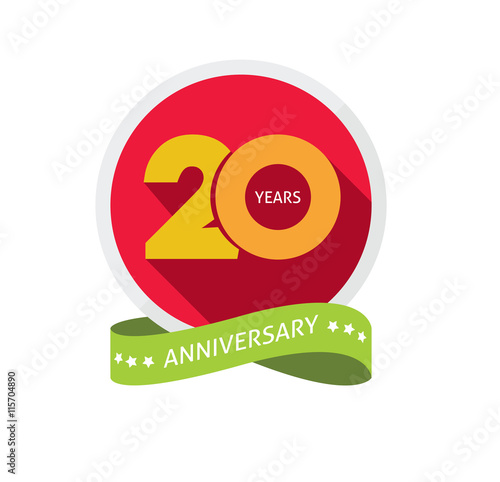 Twenty years anniversary logo, 20 year birthday sticker label, 20th years anniversary icon, birthday party symbol. Twentieth holiday badge ribbon, banner, poster, emblem tag