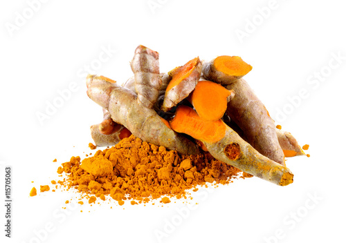 Turmeric and Turmeric powder on white background