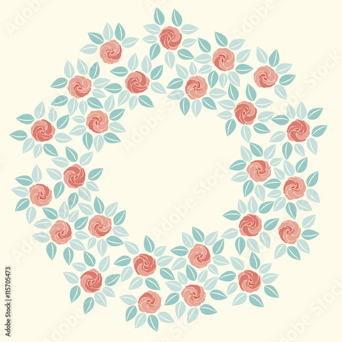 Stylish circle frame with leaves and roses