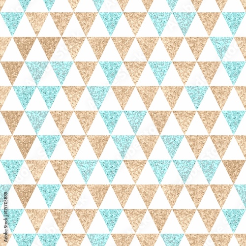 Seamless geometric abstract background. Gold and aquamarine tria