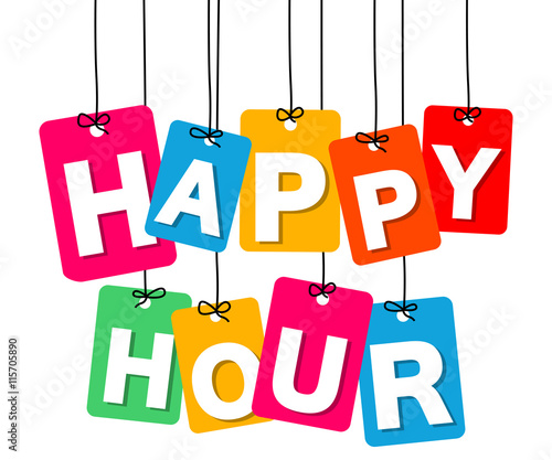 Vector colorful hanging cardboard. Tags - happy hour
