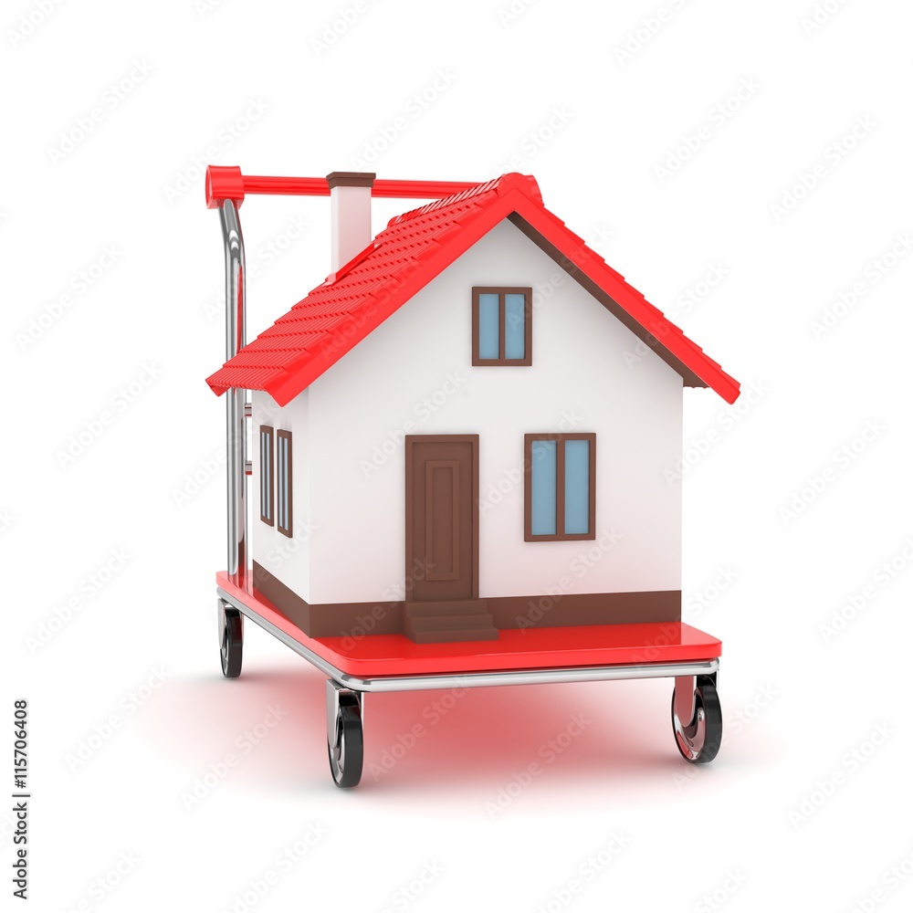 Model of house on wheeled platform on white background. Concept of property moving, delivering. 3D rendering. Model of house on wheeled platform on white background. Concept of property moving, delivering. 3D rendering.
