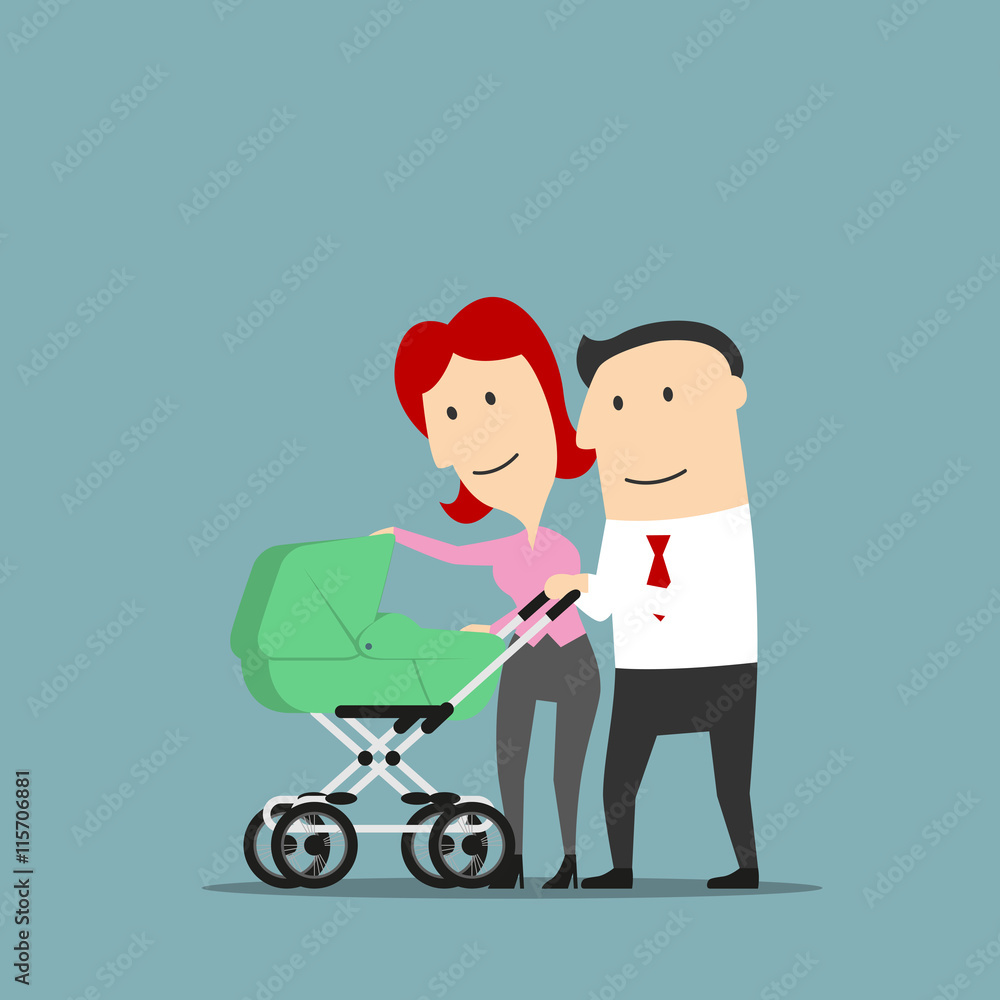 Father and mother over baby carriage Father and mother over baby carriage