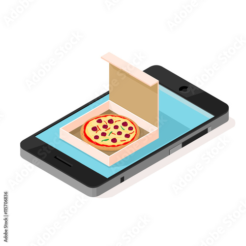Vector isometric illustration icon of a take away pizza ordered on the web.
Take out Pizza ordered from the internet on smart phone.
Italian Cuisine Fast Food order.