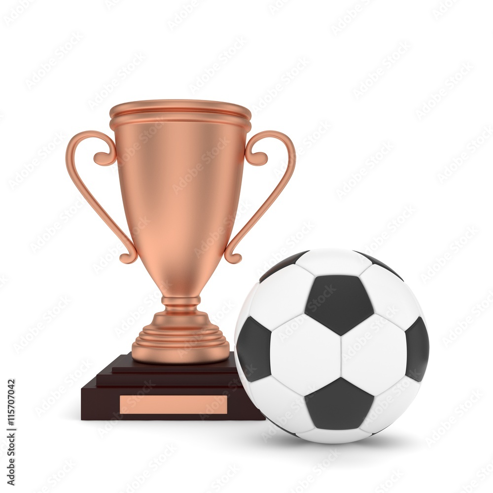 Fototapeta premium Isolated bronze cup with ball on white background. Soccer and football. Third place trophy. Game and competition. 3D rendering