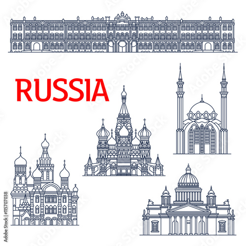 Thin line landmarks for tourism in Russia or USSR