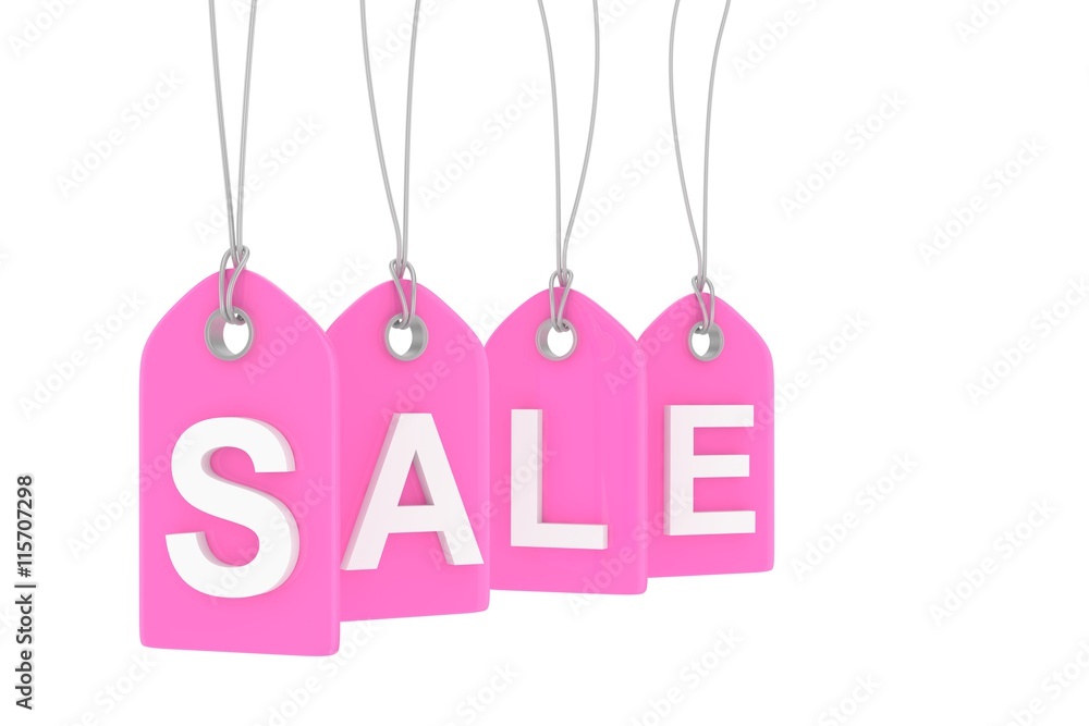 Pink isolated sale labels on white background. Price tags. Special offer and promotion. Store discount. Shopping time. 3D rendering.