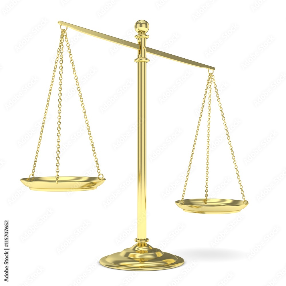 Isolated golden scales on white background. Symbol of judgement. Law, measurement, liberty in one concept. 3D rendering. Isolated golden scales on white background. Symbol of judgement. Law, measurement, liberty in one concept. 3D rendering.