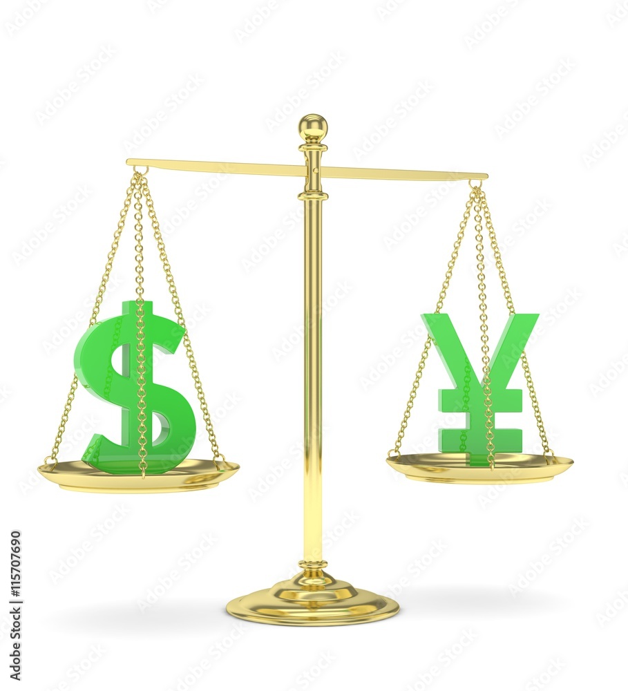 Isolated old fashioned pan scale with dollar and yuan,yen on white background. American and chinese and japanese currency. Currency equality. Green money. 3D rendering. Isolated old fashioned pan scale with dollar and yuan,yen on white background. American and chinese and japanese currency. Currency equality. Green money. 3D rendering.