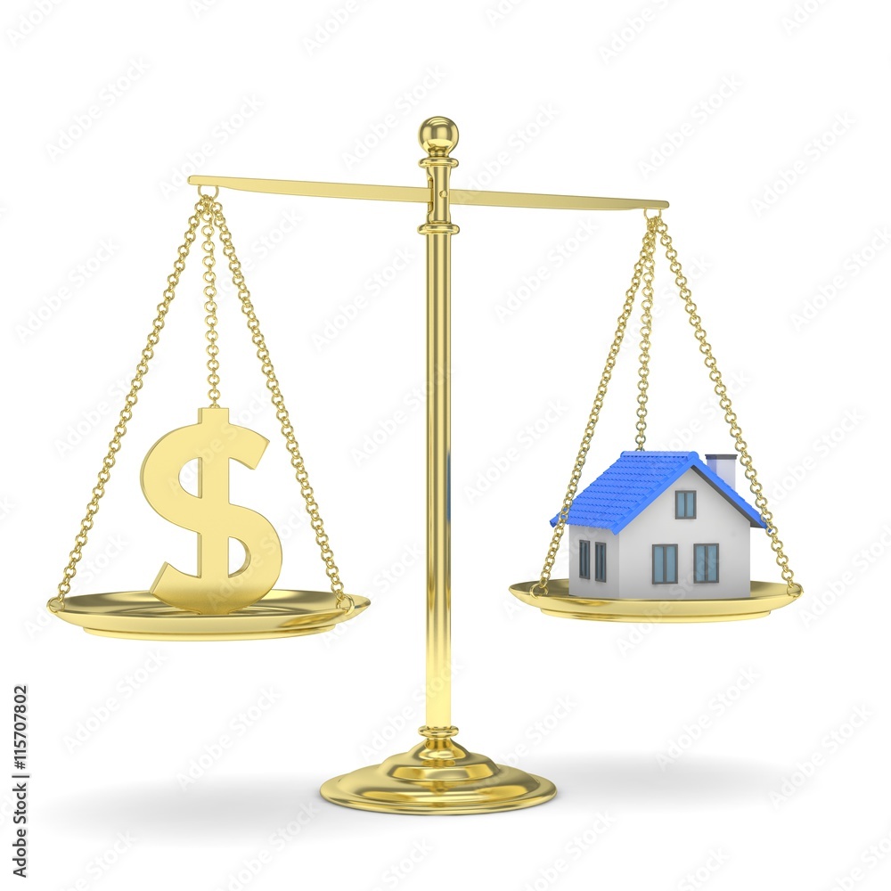 Isolated golden scales with golden dollar and house on white background. Investment or savings concept. Real estate and currency. 3D rendering. Isolated golden scales with golden dollar and house on white background. Investment or savings concept. Real estate and currency. 3D rendering.