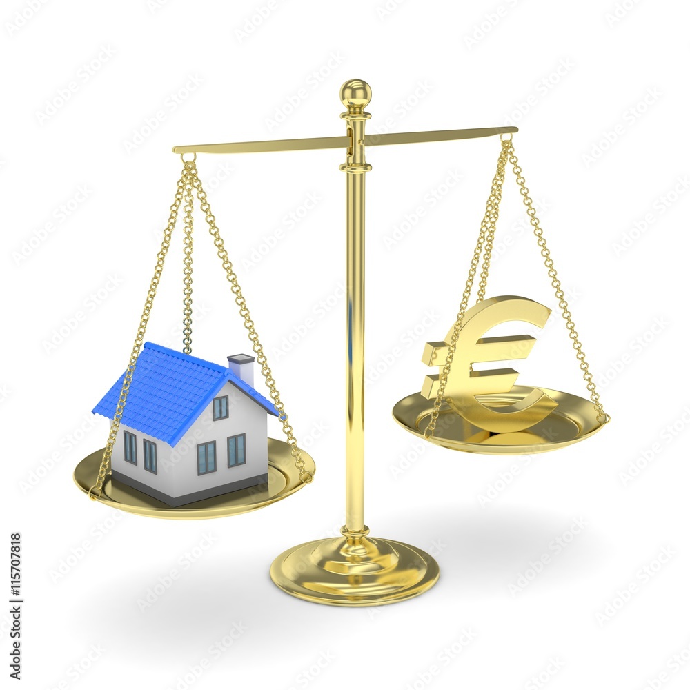 Isolated golden scales with golden euro and house on white background. Investment or savings concept. Real estate and currency. 3D rendering. Isolated golden scales with golden euro and house on white background. Investment or savings concept. Real estate and currency. 3D rendering.