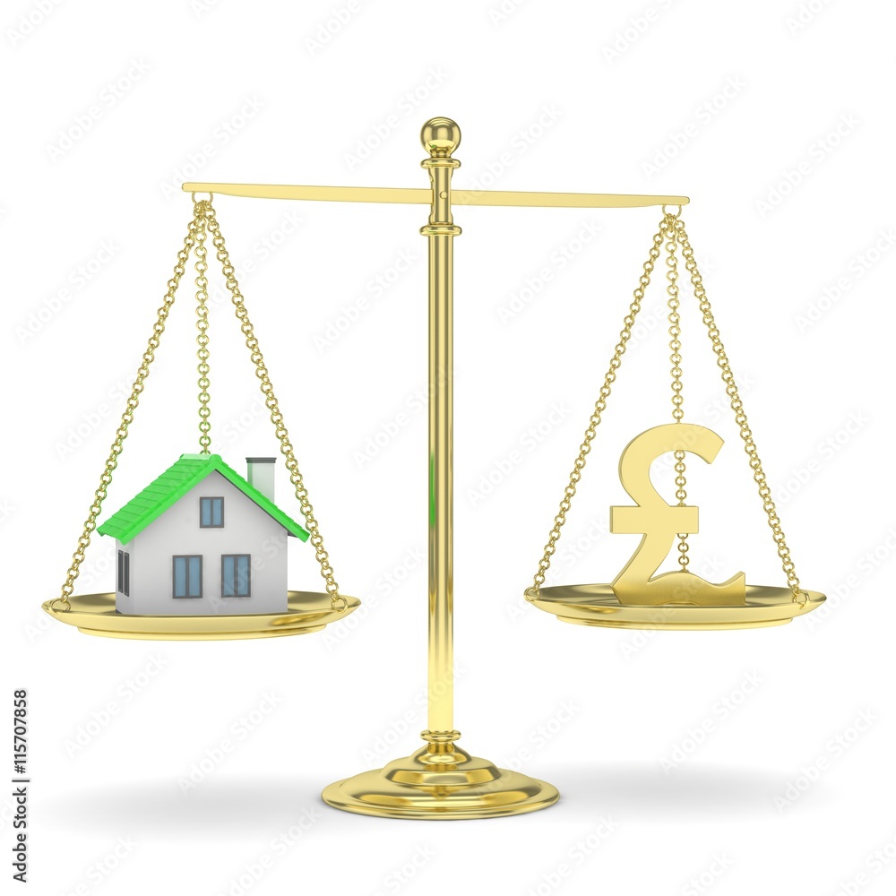 Isolated golden scales with golden pound and house on white background. Investment or savings concept. Real estate and currency. 3D rendering. Isolated golden scales with golden pound and house on white background. Investment or savings concept. Real estate and currency. 3D rendering.
