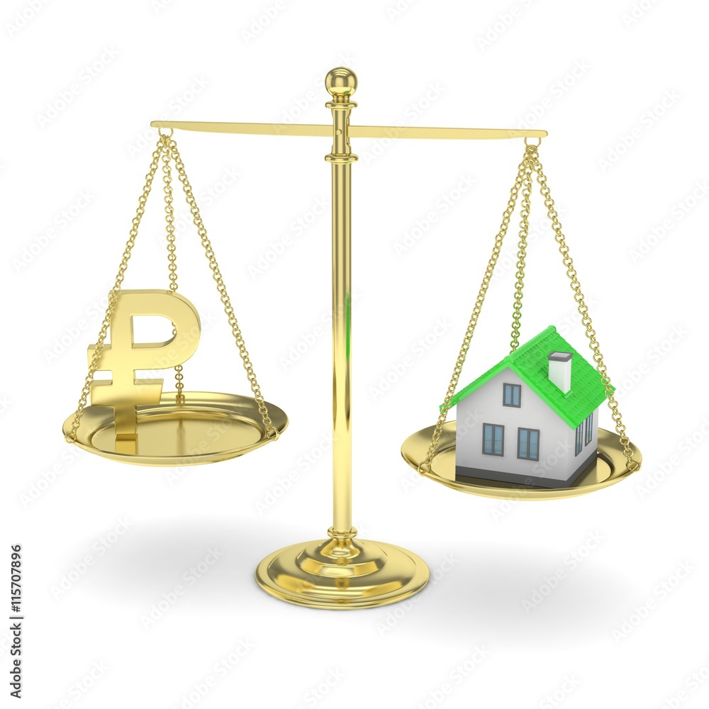 Isolated golden scales with golden rouble and house on white background. Investment or savings concept. Real estate and currency. 3D rendering. Isolated golden scales with golden rouble and house on white background. Investment or savings concept. Real estate and currency. 3D rendering.