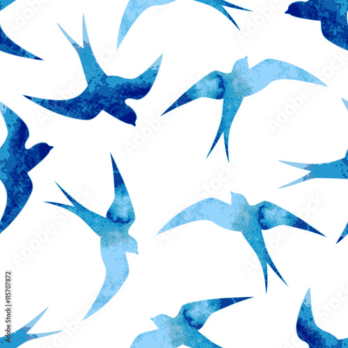 Seamless watercolor pattern with blue swallows