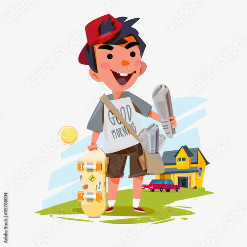 Billede på lærred paperboy holding newspaper with his skateboard and people home i