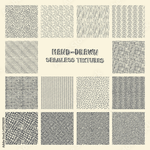 Set of hand drawn marker and ink seamless patterns.