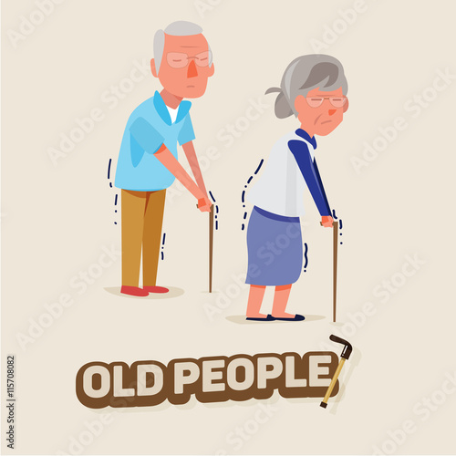 old people man and women walking with stick. character design. e