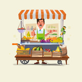 vegetables and fruits cart with seller character design. market